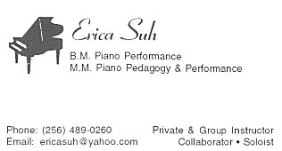 Erica Suh received her Master of Music degree in Piano Performance and Pedagogy from the University of Nebraska-Lincoln, where she instructed keyboarding skills and private lessons. Her teachers included world renounced duo pianists, Dr. Mark Clinton and Dr. Nicole Narboni.